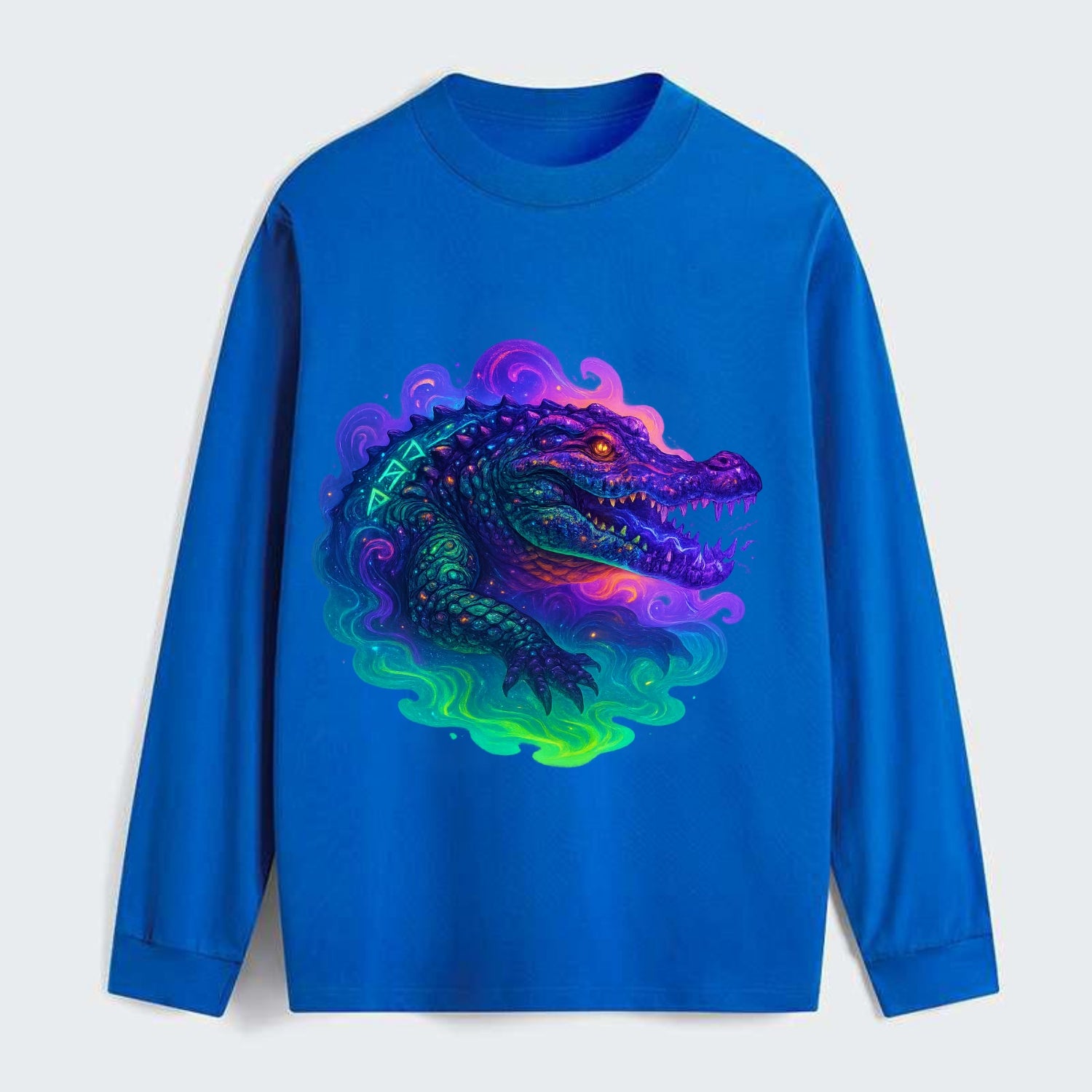 Primordial crocodile with scales pulsing plasma energy in green and - Classic Long Sleeve Shirt - Blue