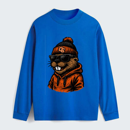 Corvallis Beaver wearing Oregon State beanie with OS patch - Classic Long Sleeve Shirt - Blue