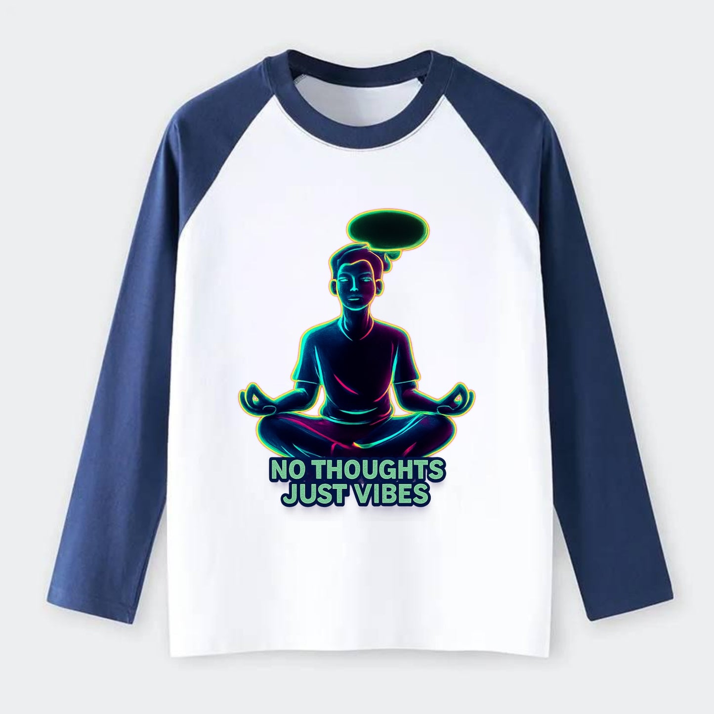 Peaceful floating figure with empty thought bubble - "no thoughts just - Raglan Long Sleeve T-Shirt - Blue