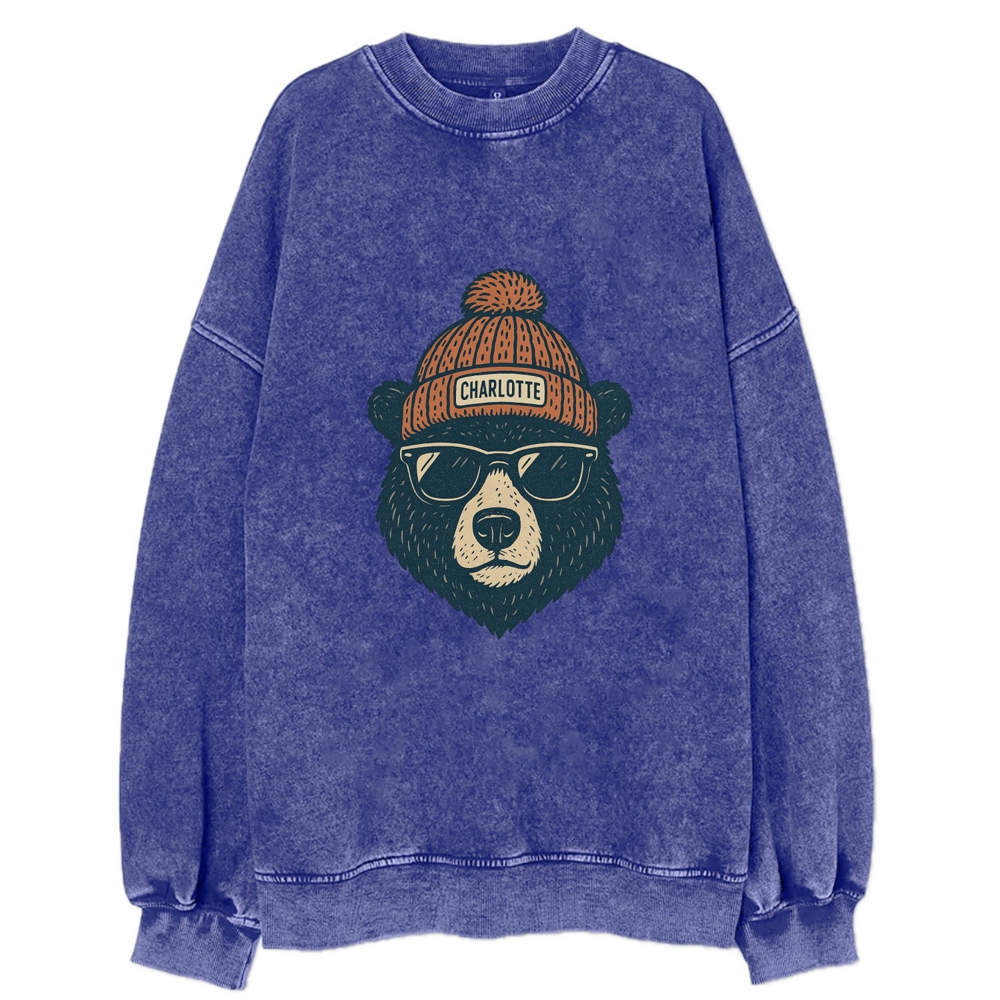 North Carolina Black Bear wearing Charlotte beanie with pom pom and wayfarer - Vintage Sweatshirt - Blue