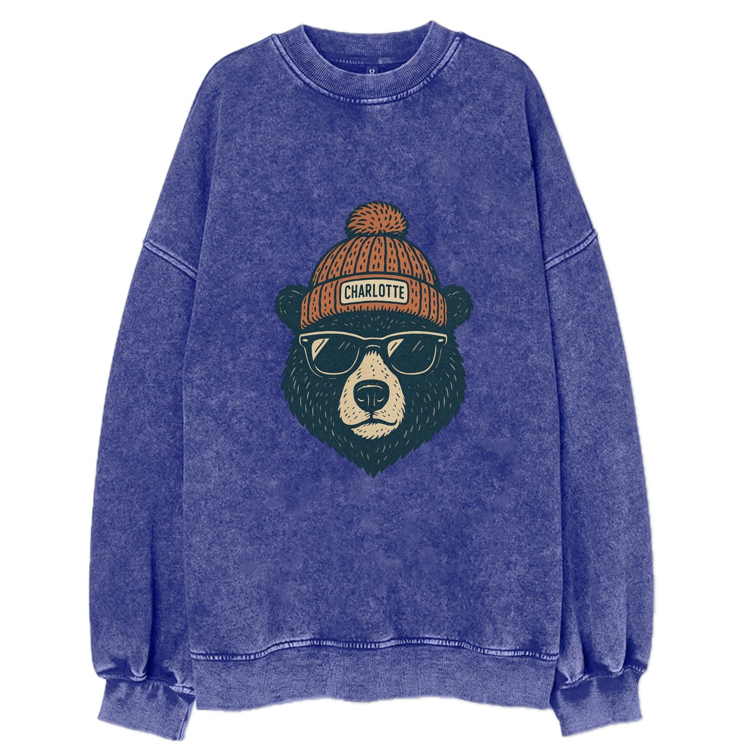 North Carolina Black Bear wearing Charlotte beanie with pom pom and wayfarer - Vintage Sweatshirt - Blue