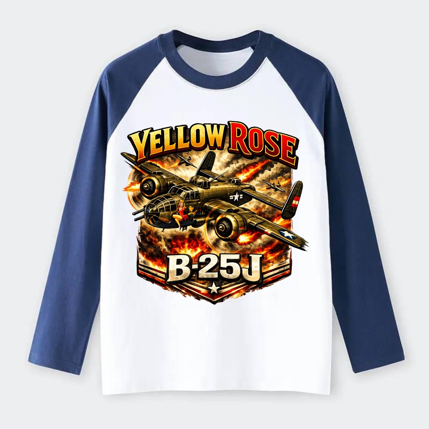 B 25j Yellow Rose - Raglan Long Sleeve T-Shirt - Blue