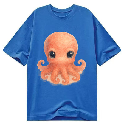 Baby Octopus - red-orange, eight tiny tentacles curled, large intelligent eyes, - Classic T-shirt - Blue