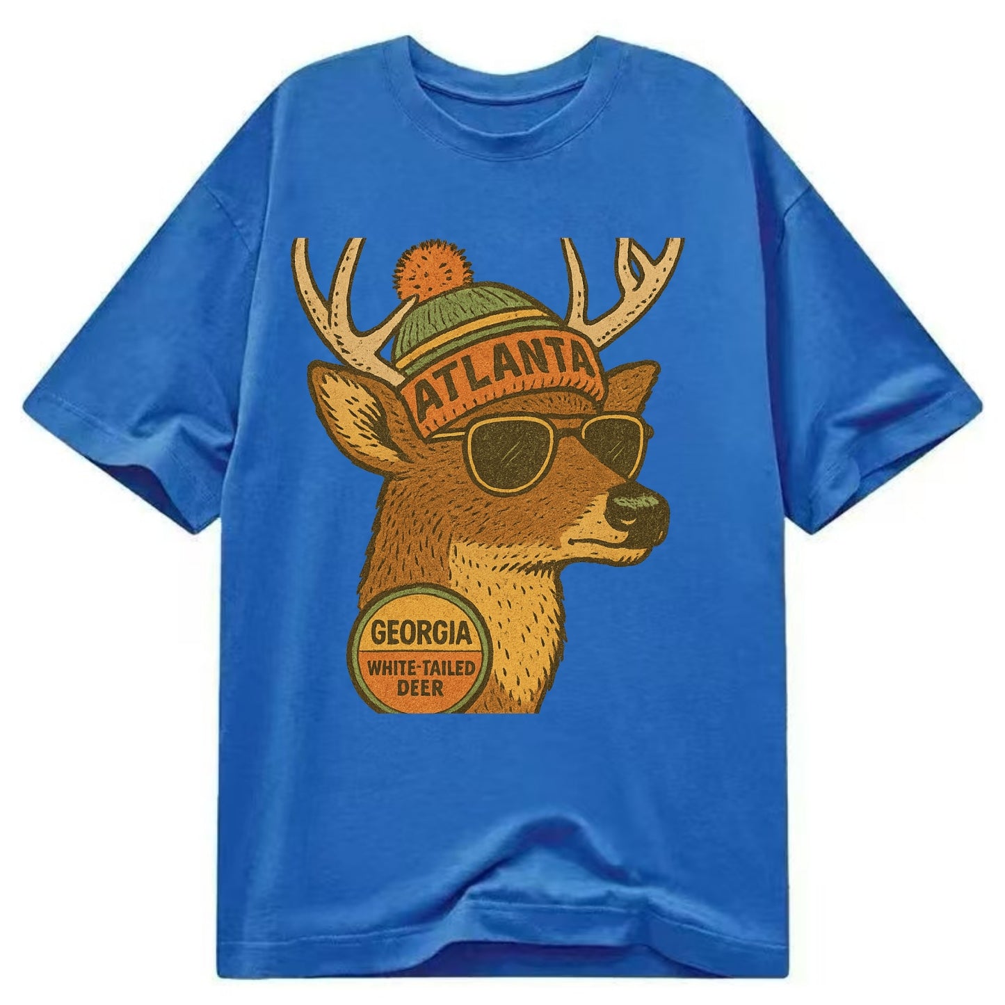 Georgia White-tailed Deer wearing Atlanta beanie with pom pom and wayfarer - Classic T-shirt - Blue