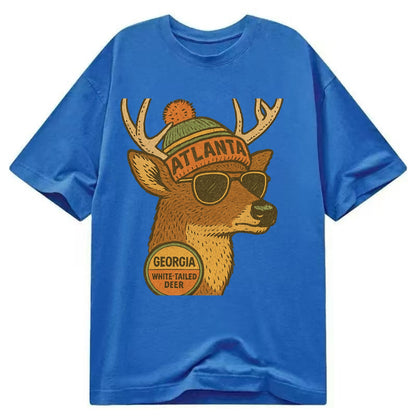 Georgia White-tailed Deer wearing Atlanta beanie with pom pom and wayfarer - Classic T-shirt - Blue