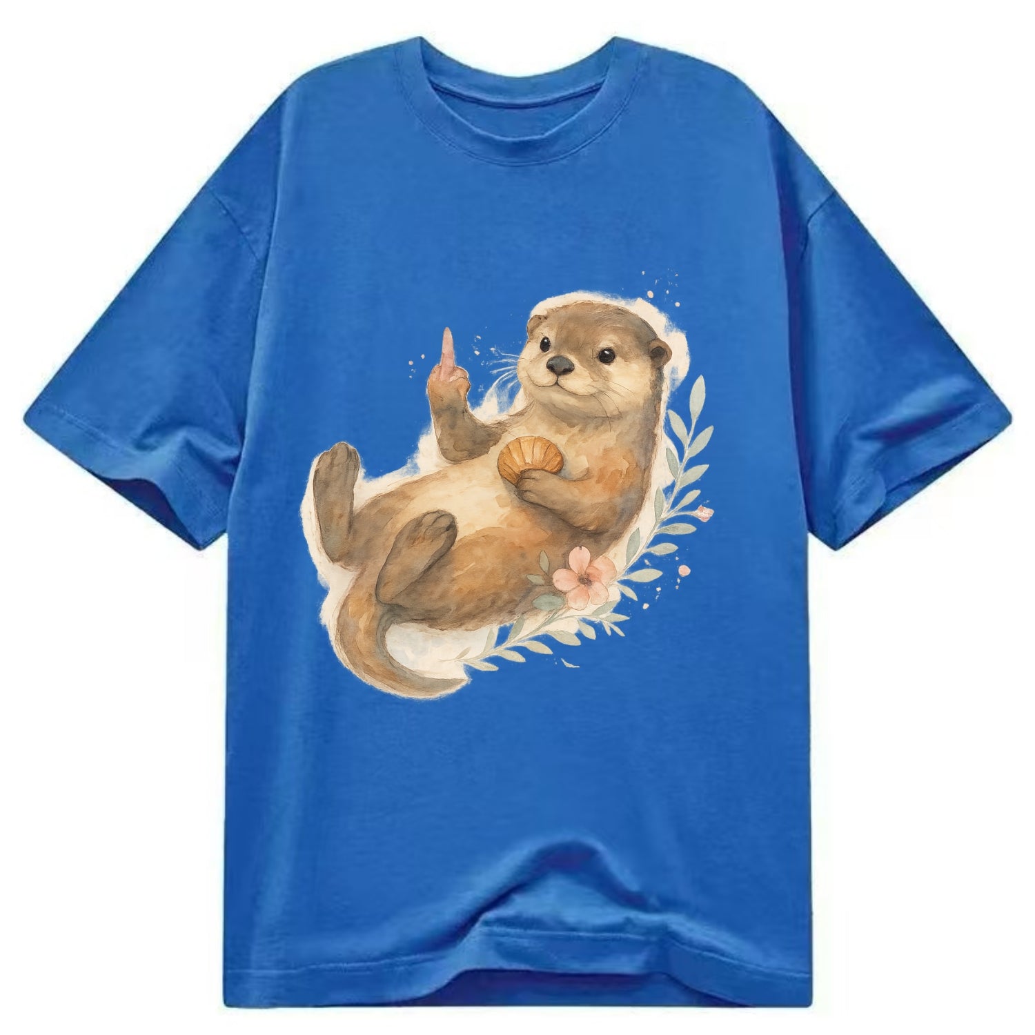 adorable otter floating on back, middle finger up while holding a shellfish - Classic T-shirt - Blue