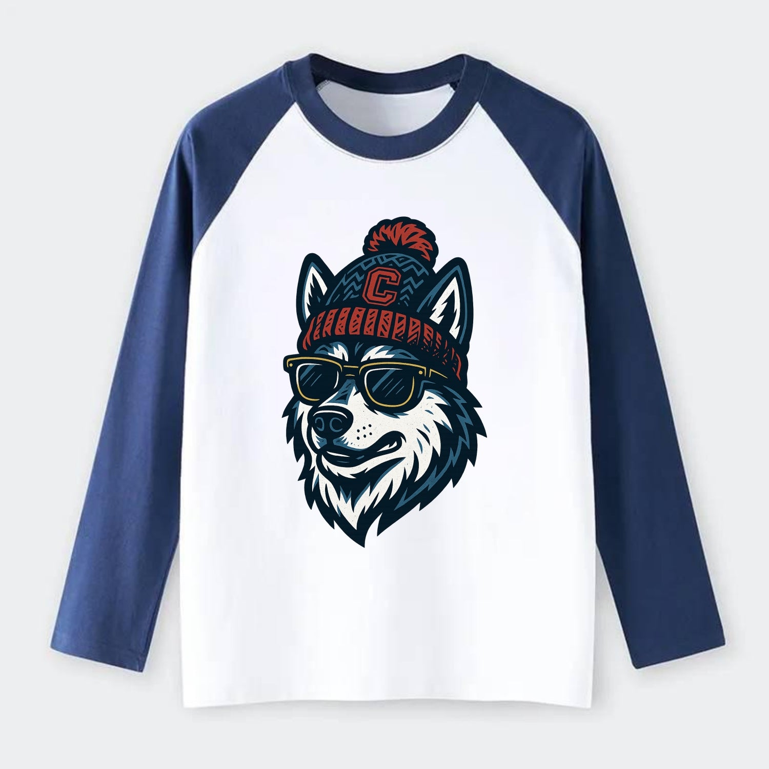 Storrs Husky wearing UConn beanie with C patch - Raglan Long Sleeve T-Shirt - Blue
