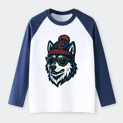 Storrs Husky wearing UConn beanie with C patch - Raglan Long Sleeve T-Shirt - Blue