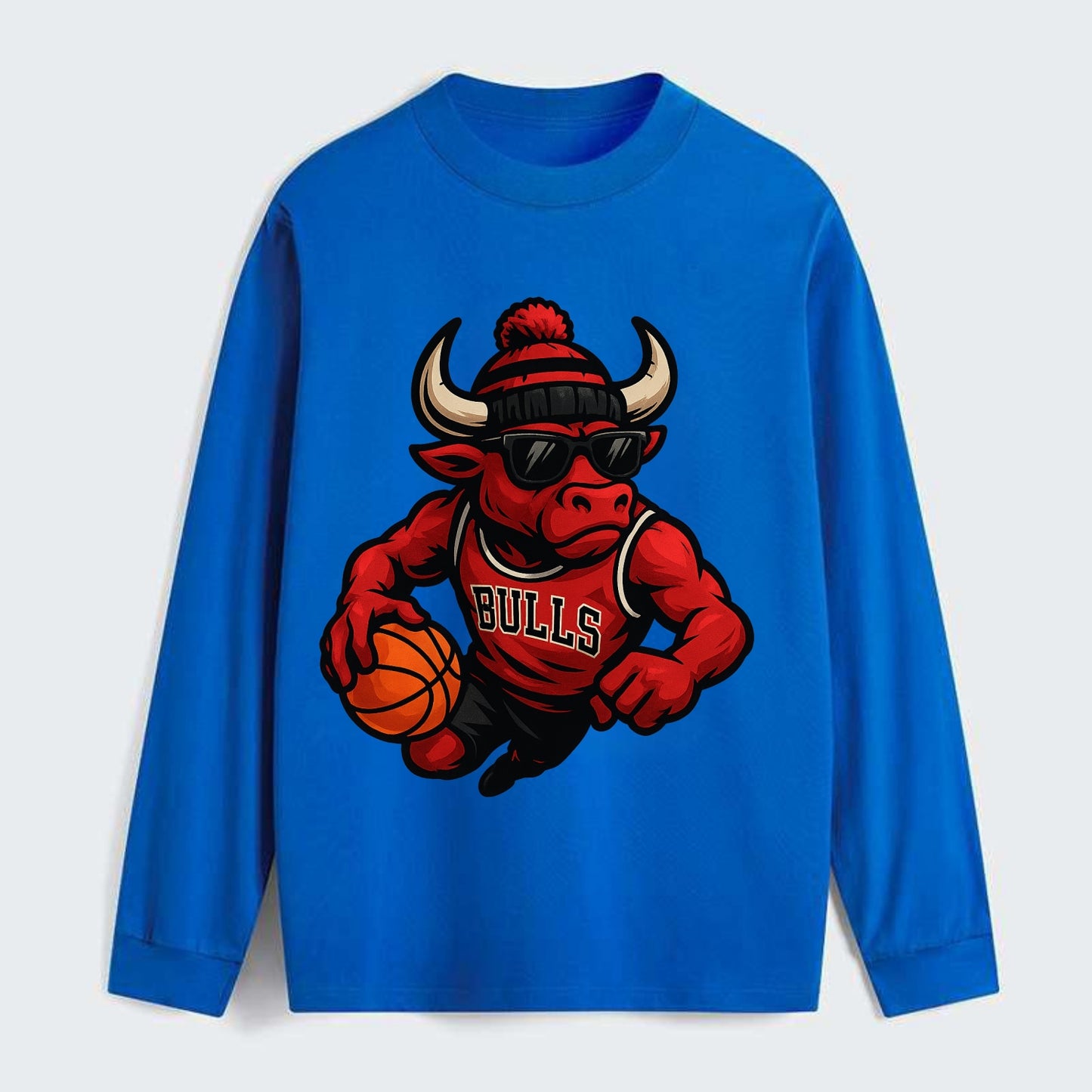 Chicago Bull wearing Bulls red and black beanie with horns design and - Classic Long Sleeve Shirt - Blue