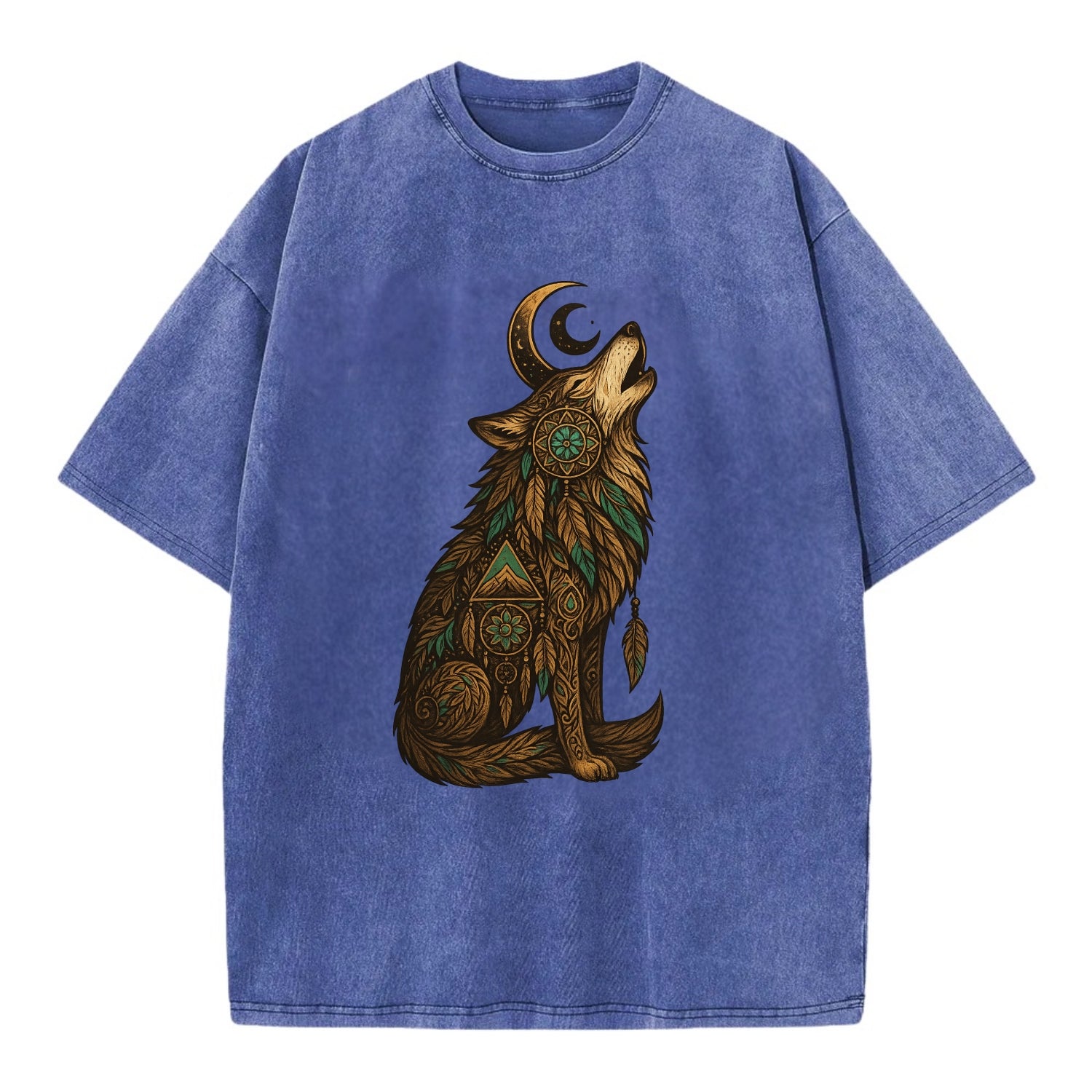 Celestial Moon Wolf  - Vintage T-shirt - Blue