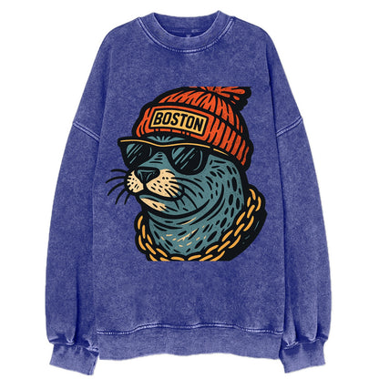Boston Harbor Seal wearing Boston beanie with pom pom and wayfarer sunglasses - Vintage Sweatshirt - Blue