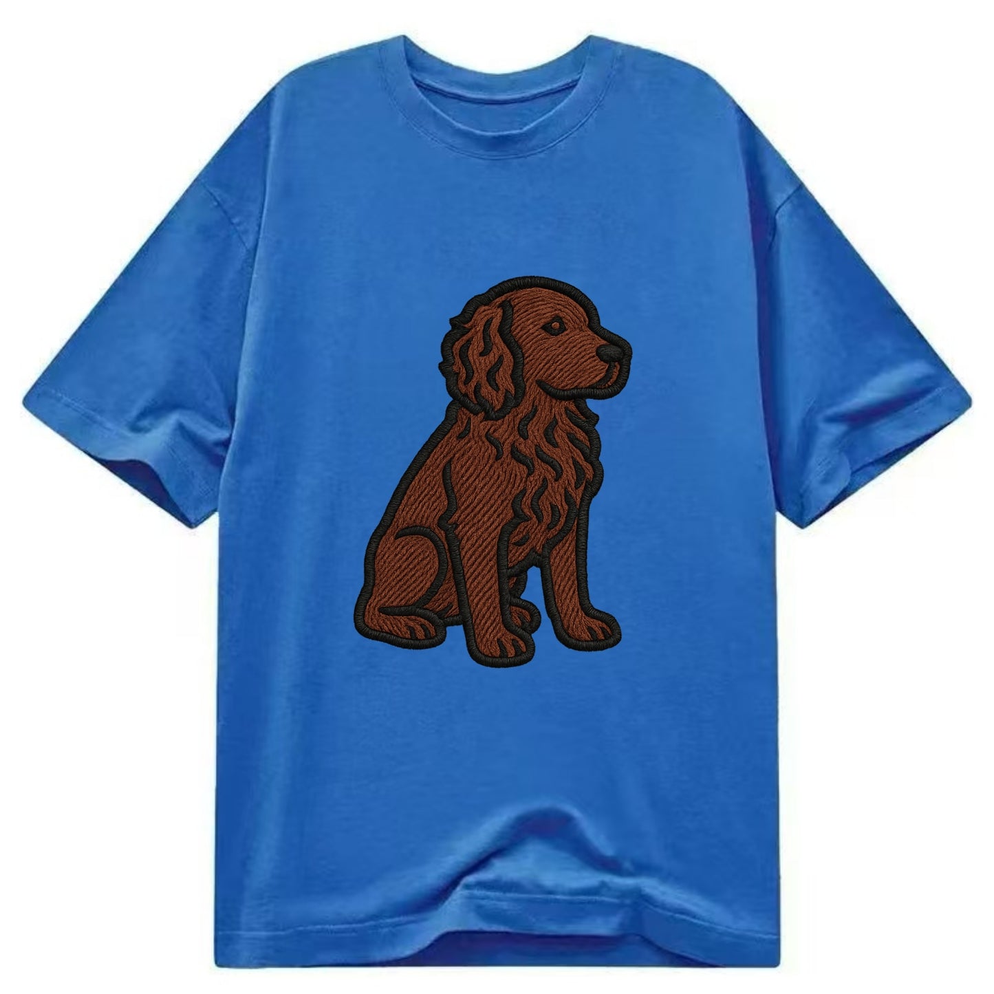 Boykin Spaniel - Rich chocolate brown wavy coat embroidered sitting pose - Classic T-shirt - Blue