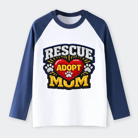 RESCUE MOM - heart with ADOPT text in red , shelter advocate - Raglan Long Sleeve T-Shirt - Blue