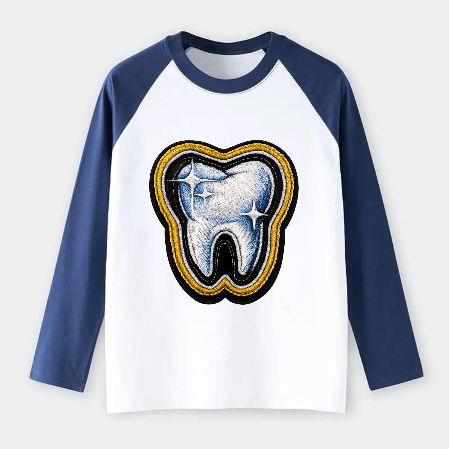 DENTAL TOOTH - molar with sparkle in white and blue , dentist - Raglan Long Sleeve T-Shirt - Blue