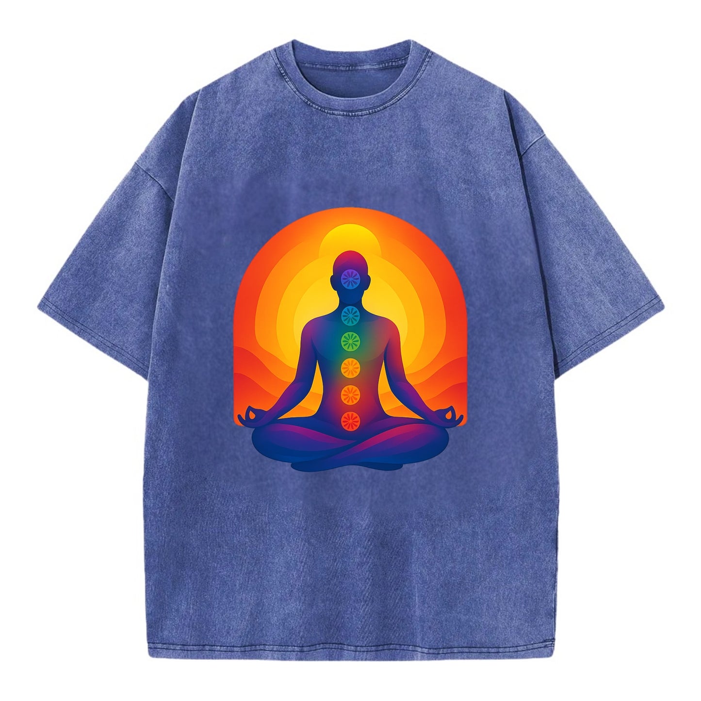Sunset Meditation - Figure in lotus pose Vintage T-shirt - Blue