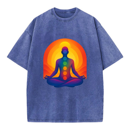 Sunset Meditation - Figure in lotus pose Vintage T-shirt - Blue