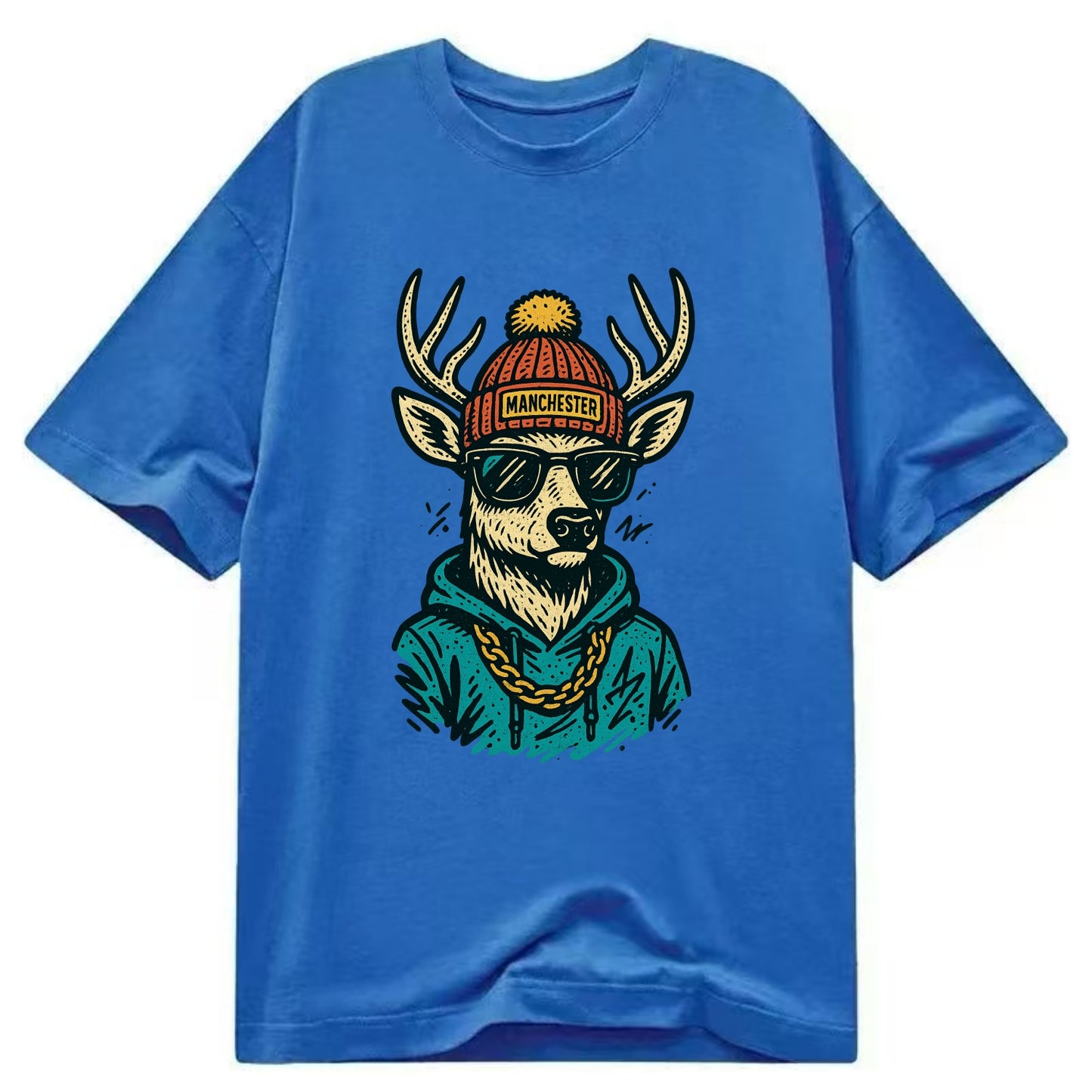 New Hampshire White-tailed Deer wearing Manchester beanie with pom pom and - Classic T-shirt - Blue