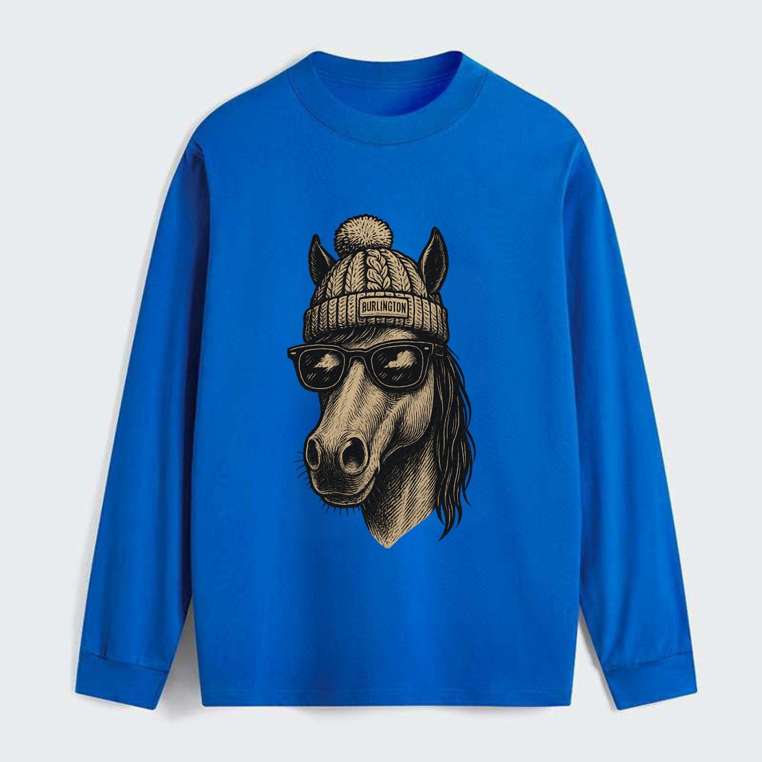 Vermont Morgan Horse wearing Burlington beanie with pom pom and - Classic Long Sleeve Shirt - Blue