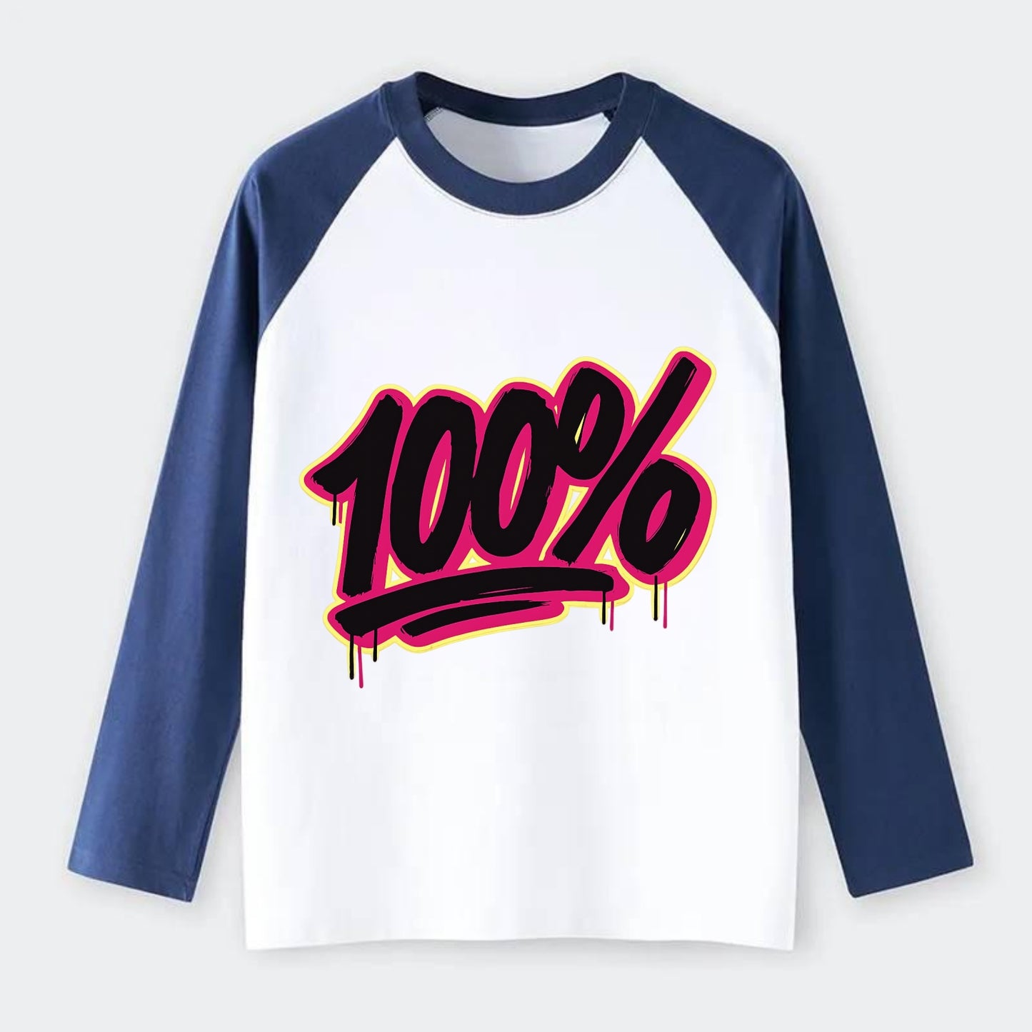 Bold typography design - "100%" - all in, fully committed - Raglan Long Sleeve T-Shirt - Blue