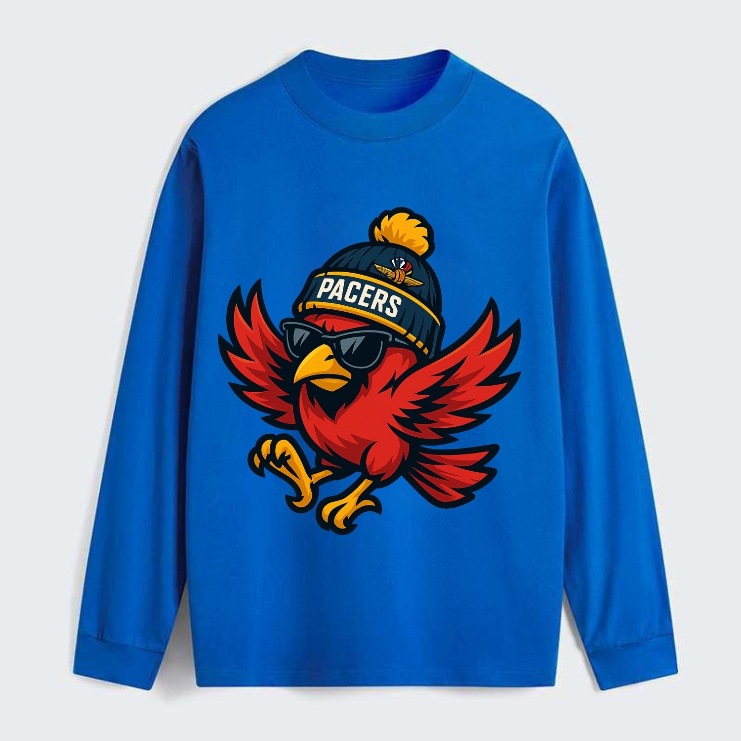 Indiana Cardinal wearing Pacers beanie with speedway patch and wayfarer - Classic Long Sleeve Shirt - Blue