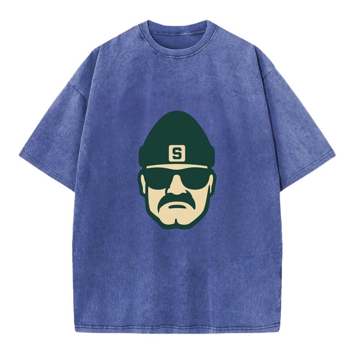 East Lansing Spartan wearing Michigan State beanie with S patch - Vintage T-shirt - Blue