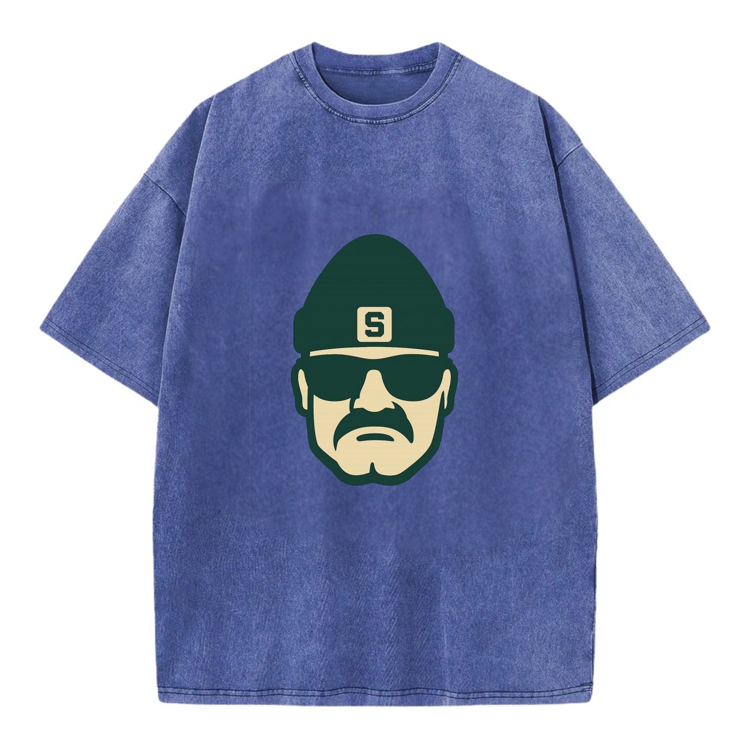 East Lansing Spartan wearing Michigan State beanie with S patch - Vintage T-shirt - Blue