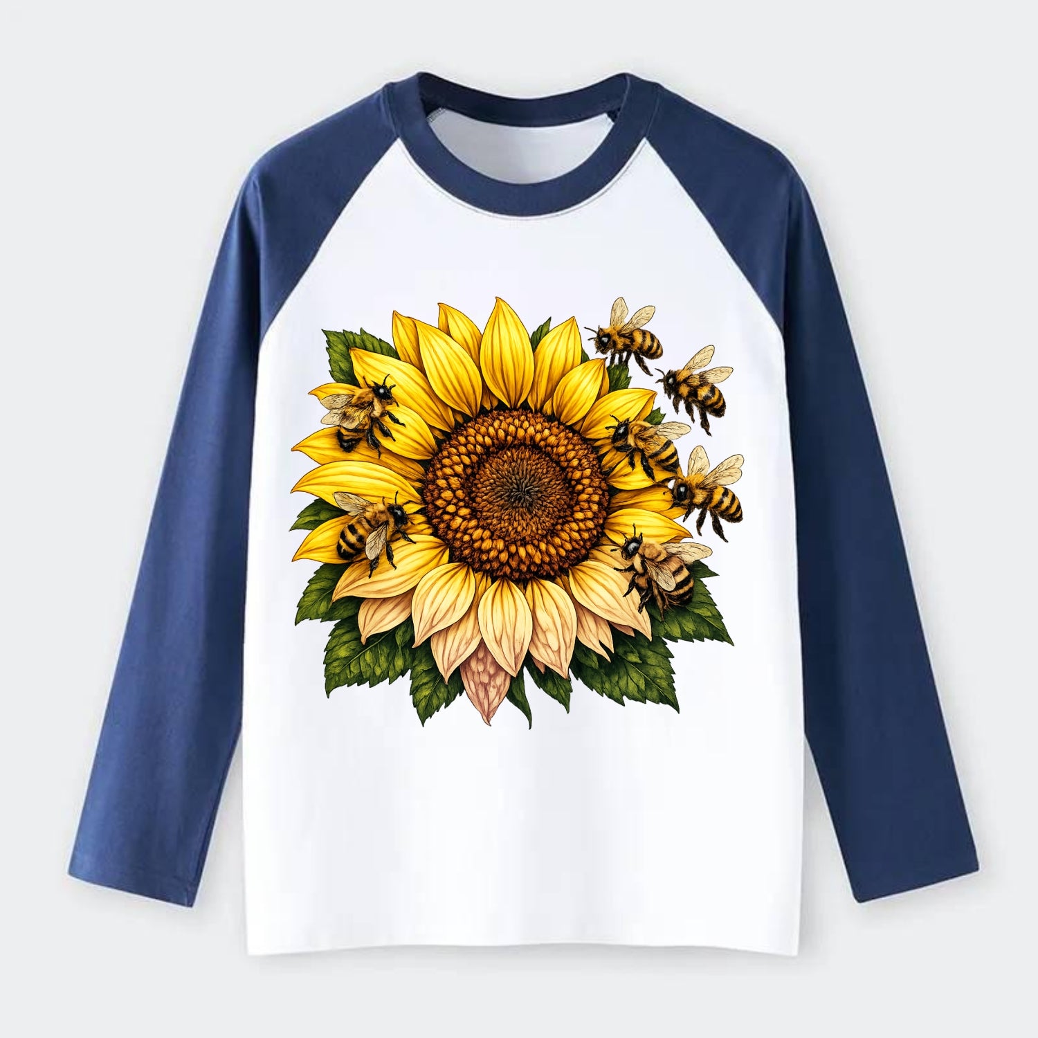 Vintage Sunflower - Raglan Long Sleeve T-Shirt - Blue