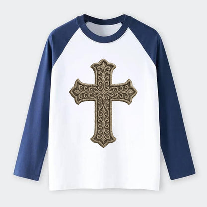 Filigree Cross  - Raglan Long Sleeve T-Shirt - Blue