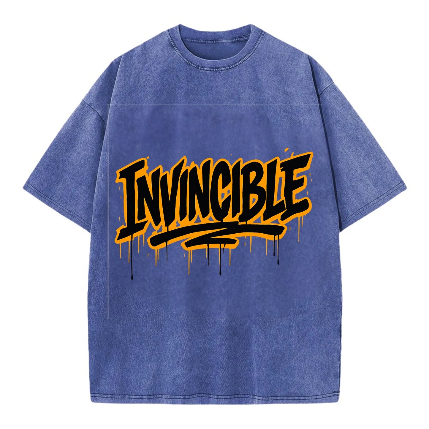 Bold typography design - "INVINCIBLE" - cannot be defeated, unconquerable - Vintage T-shirt - Blue