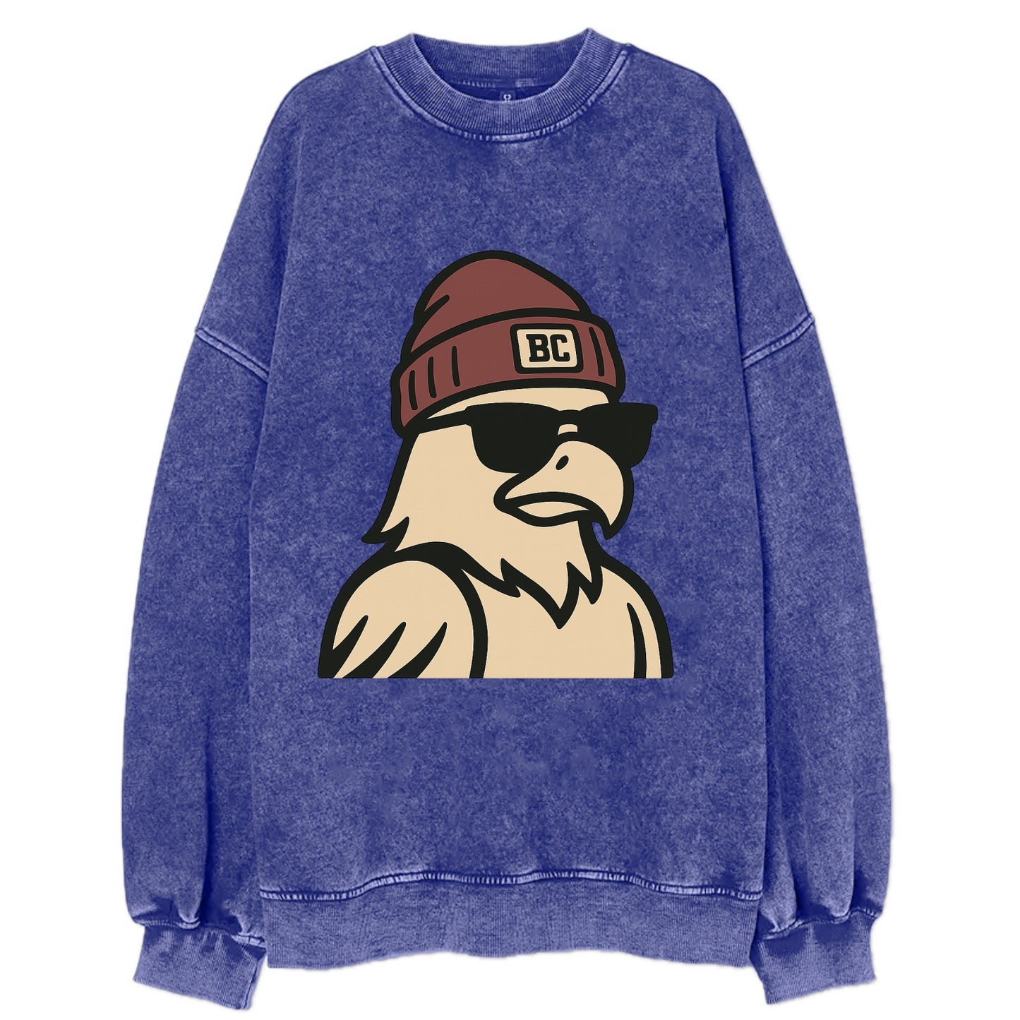 Chestnut Hill Eagle wearing Boston College beanie with BC patch - Vintage Sweatshirt - Blue