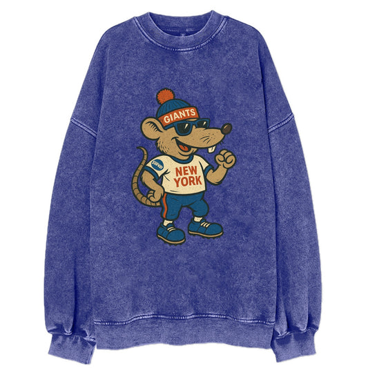 New York Rat wearing Giants beanie with subway patch and wayfarer sunglasses - Vintage Sweatshirt - Blue