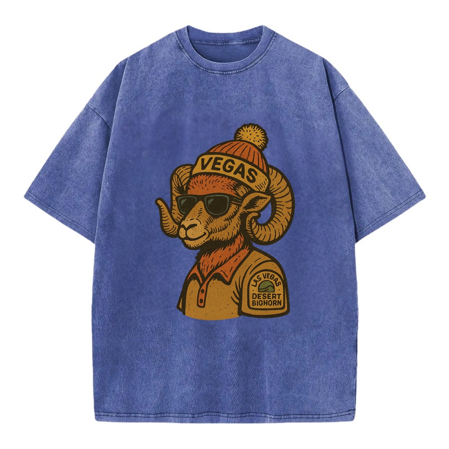 Las Vegas Desert Bighorn wearing Vegas beanie with pom pom and wayfarer sunglasses - Vintage T-shirt - Blue
