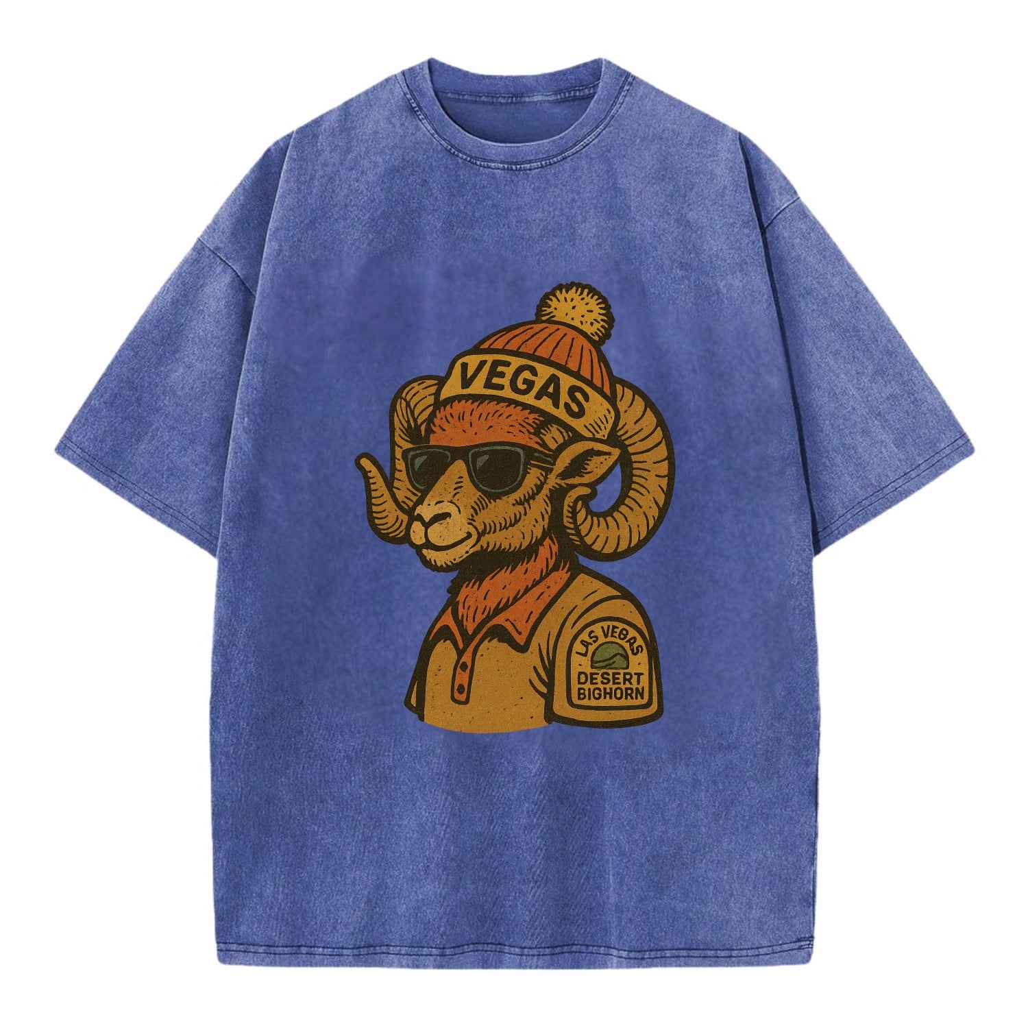 Las Vegas Desert Bighorn wearing Vegas beanie with pom pom and wayfarer sunglasses - Vintage T-shirt - Blue