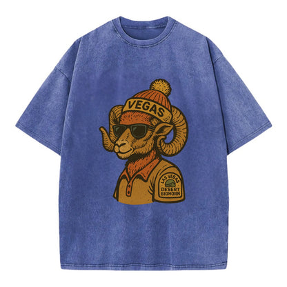 Las Vegas Desert Bighorn wearing Vegas beanie with pom pom and wayfarer sunglasses - Vintage T-shirt - Blue