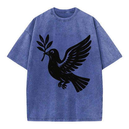 Dove carrying olive branch - peace movement ink painting - Vintage T-shirt - Blue
