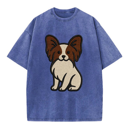 Papillon - White with brown ears sitting Vintage T-shirt - Blue