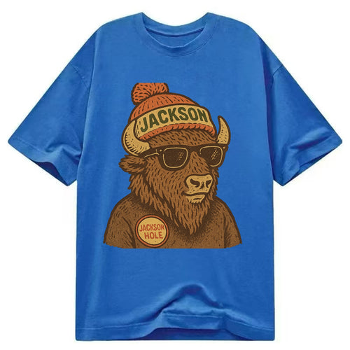 Jackson Hole Bison wearing Jackson beanie with pom pom and wayfarer sunglasses - Classic T-shirt