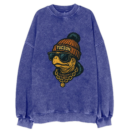 Tucson Desert Tortoise wearing Tucson beanie with pom pom and wayfarer - Vintage Sweatshirt - Blue