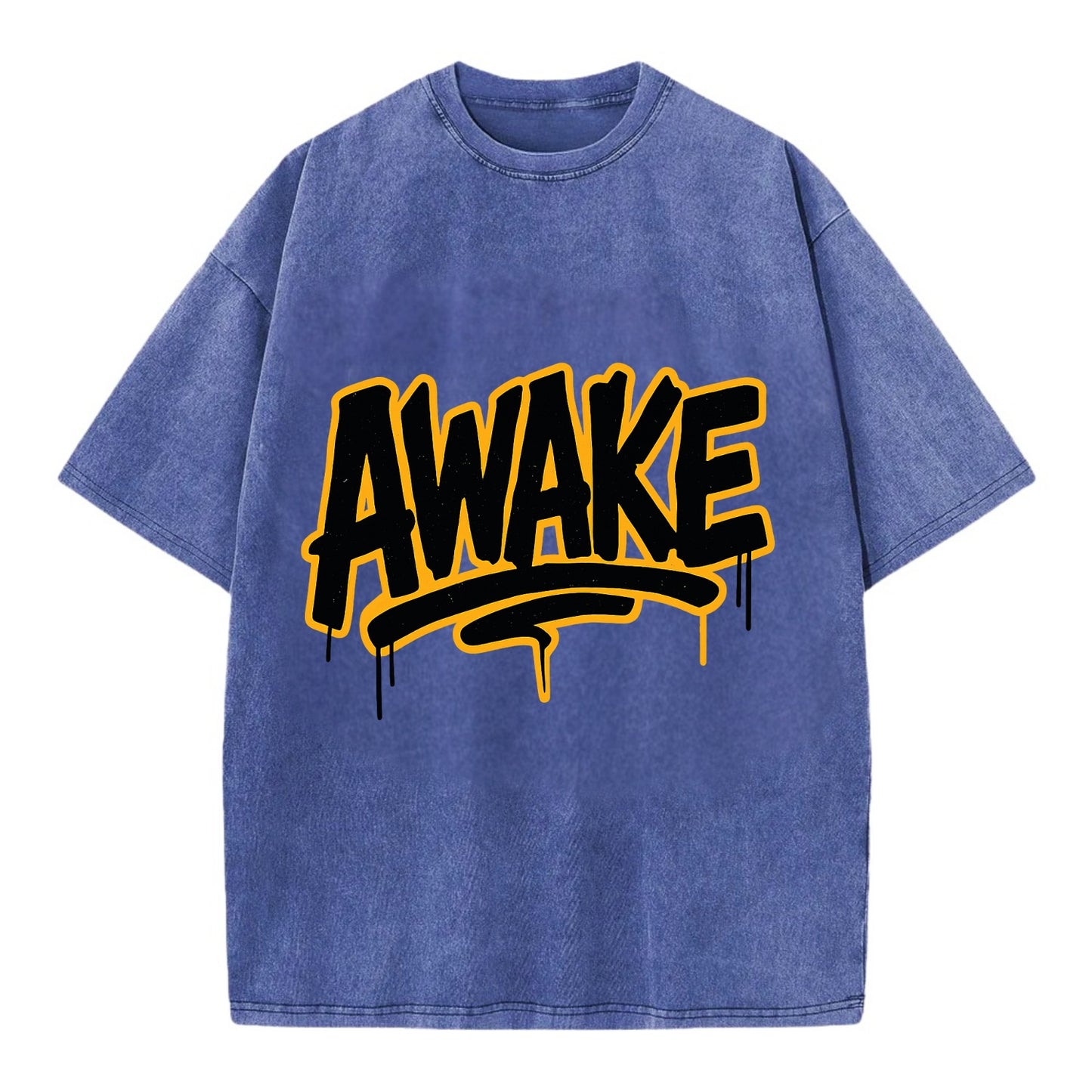 Bold typography design - "AWAKE" - conscious, aware, alert - Vintage T-shirt - Blue
