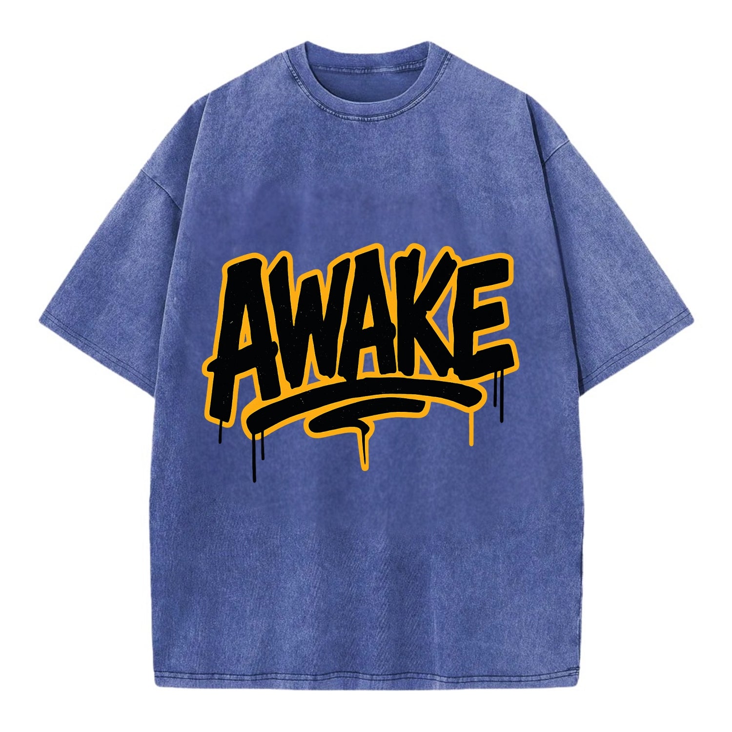 Bold typography design - "AWAKE" - conscious, aware, alert - Vintage T-shirt - Blue