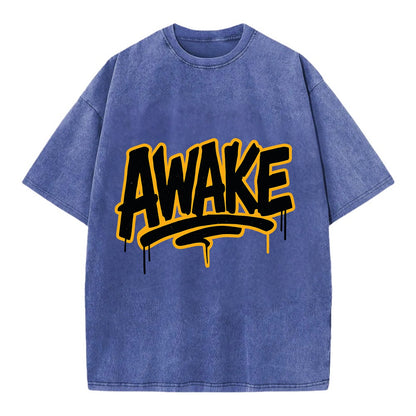 Bold typography design - "AWAKE" - conscious, aware, alert - Vintage T-shirt - Blue
