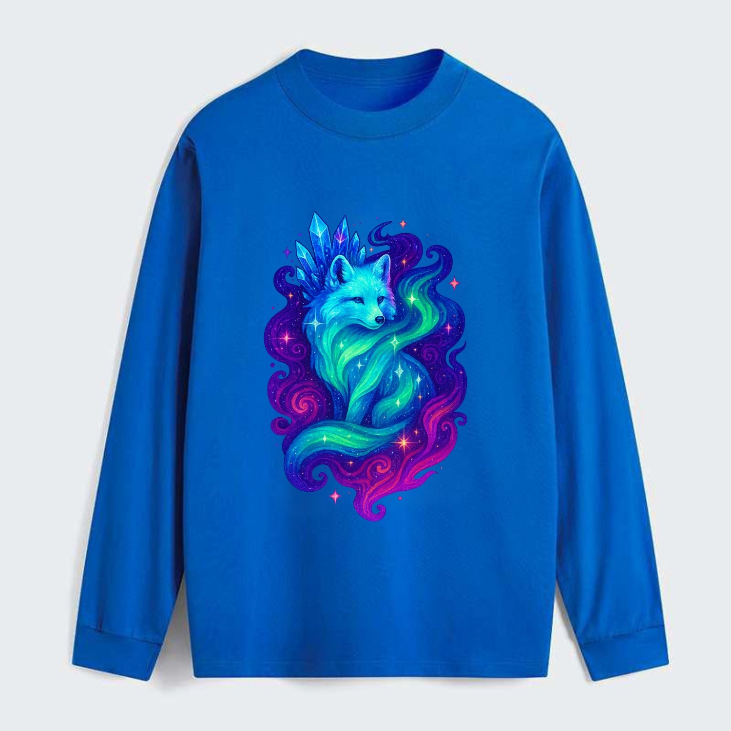 Ethereal arctic fox with fur that transforms into crystal formations, - Classic Long Sleeve Shirt - Blue