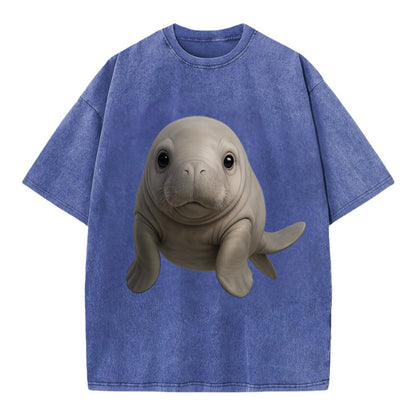Baby Dugong - gray with paddle tail, gentle expression, whiskers, front-facing, - Vintage T-shirt - Blue