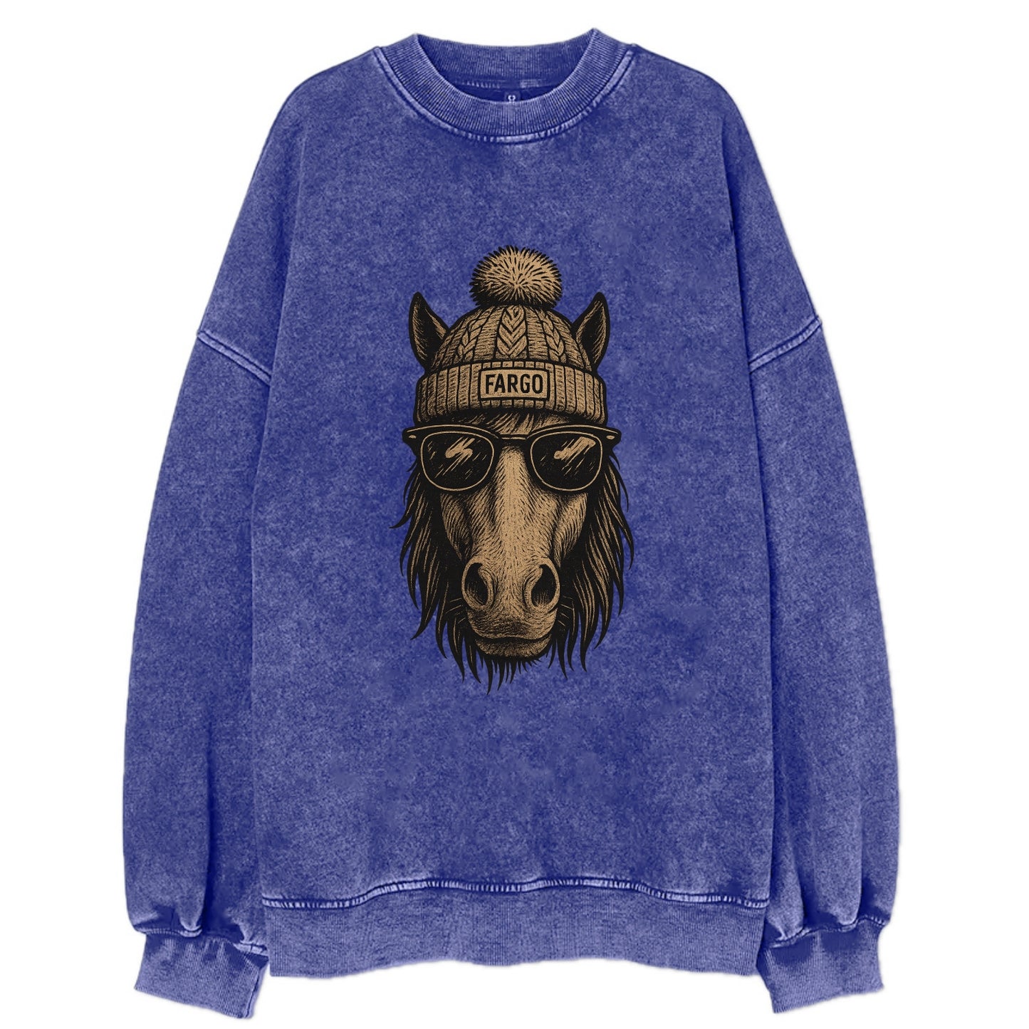 North Dakota Nokota Horse wearing Fargo beanie with pom pom and wayfarer - Vintage Sweatshirt - Blue