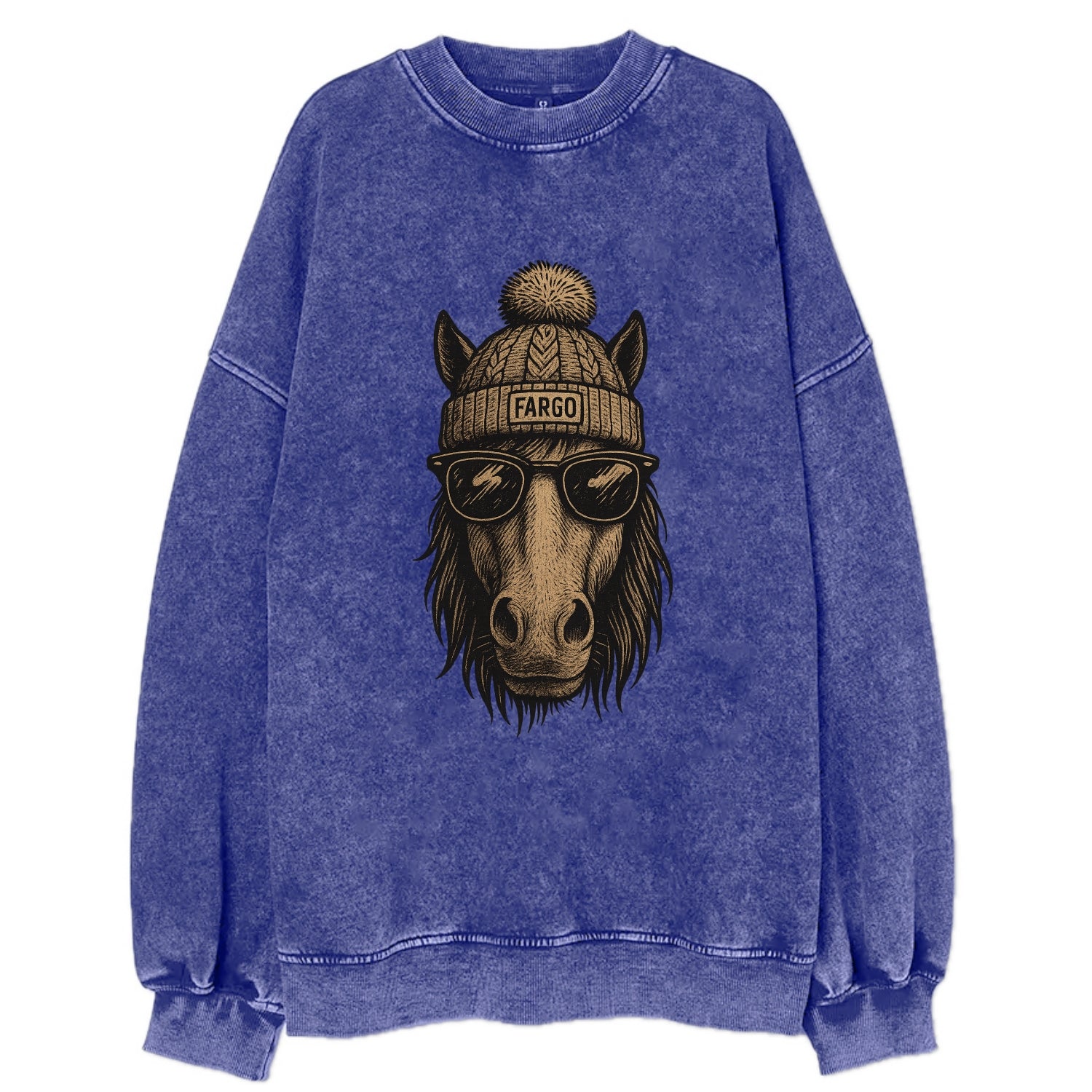 North Dakota Nokota Horse wearing Fargo beanie with pom pom and wayfarer - Vintage Sweatshirt - Blue