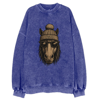 North Dakota Nokota Horse wearing Fargo beanie with pom pom and wayfarer - Vintage Sweatshirt - Blue