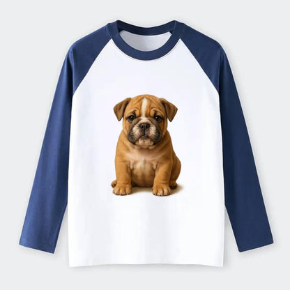 Baby Bulldog Puppy - wrinkly face, underbite, stocky body, gentle - Raglan Long Sleeve T-Shirt - Blue