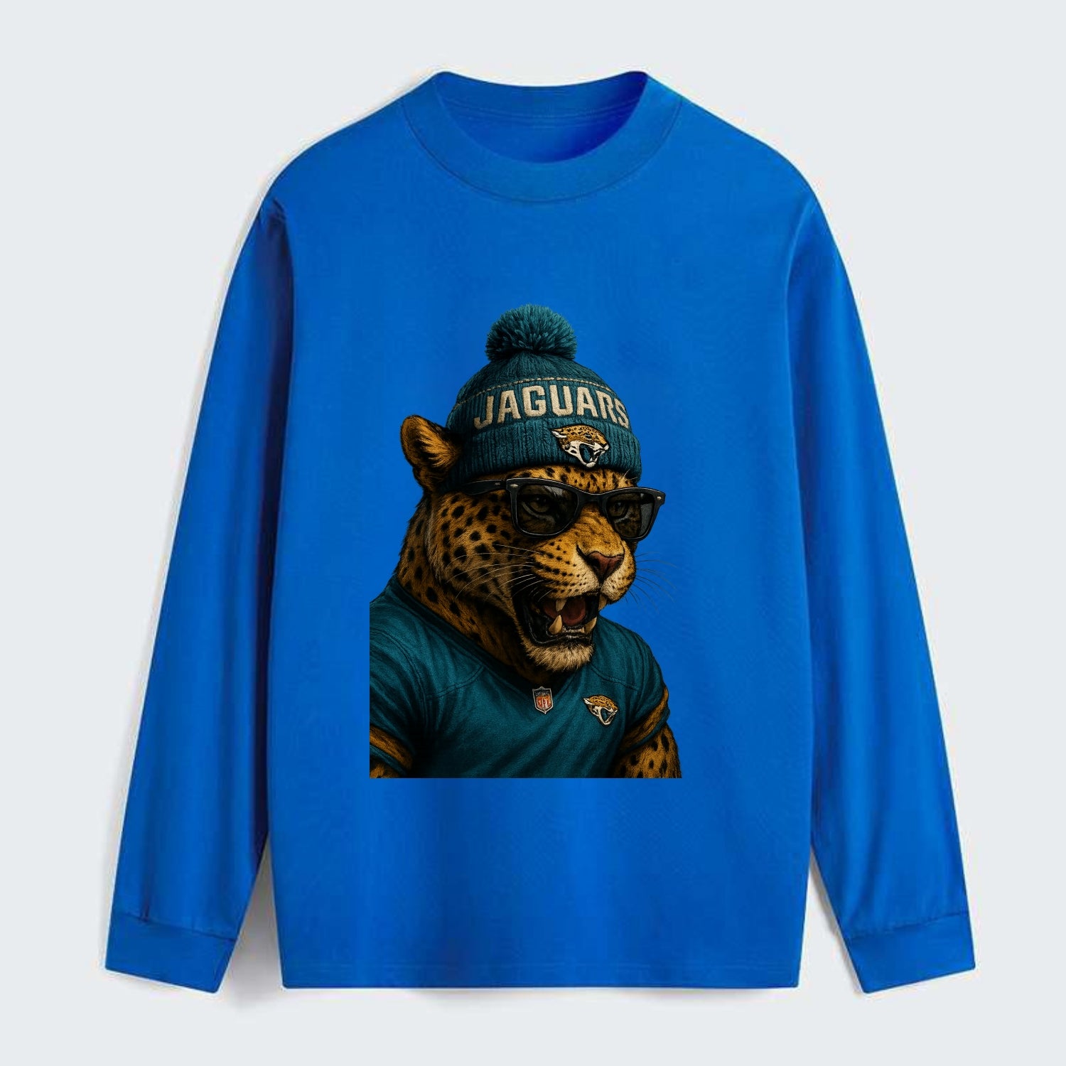 Jacksonville Jaguar wearing Jaguars teal and gold beanie with pom pom - Classic Long Sleeve Shirt - Blue