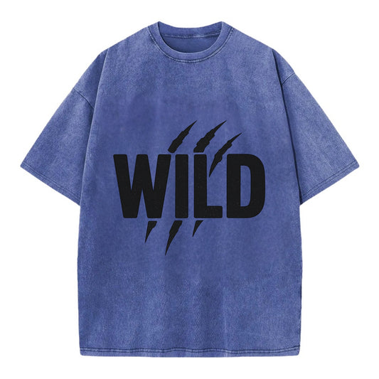 Bold typography design - "WILD" - untamed, natural, free - Vintage T-shirt - Blue