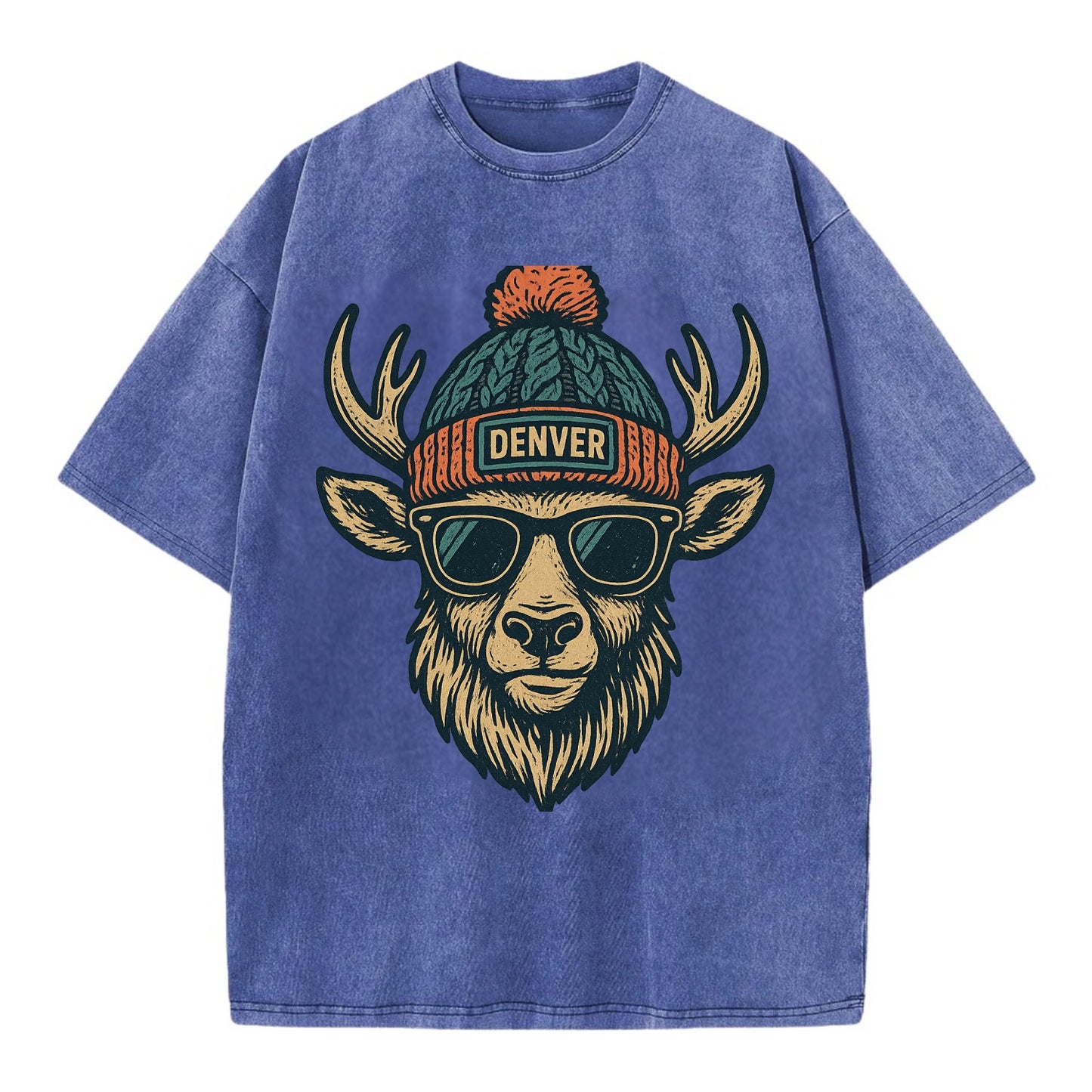 Denver Elk wearing Denver beanie with pom pom and wayfarer sunglasses - Vintage T-shirt - Blue